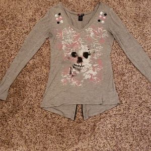 Skull Print Rhinestone Back Zipper Top